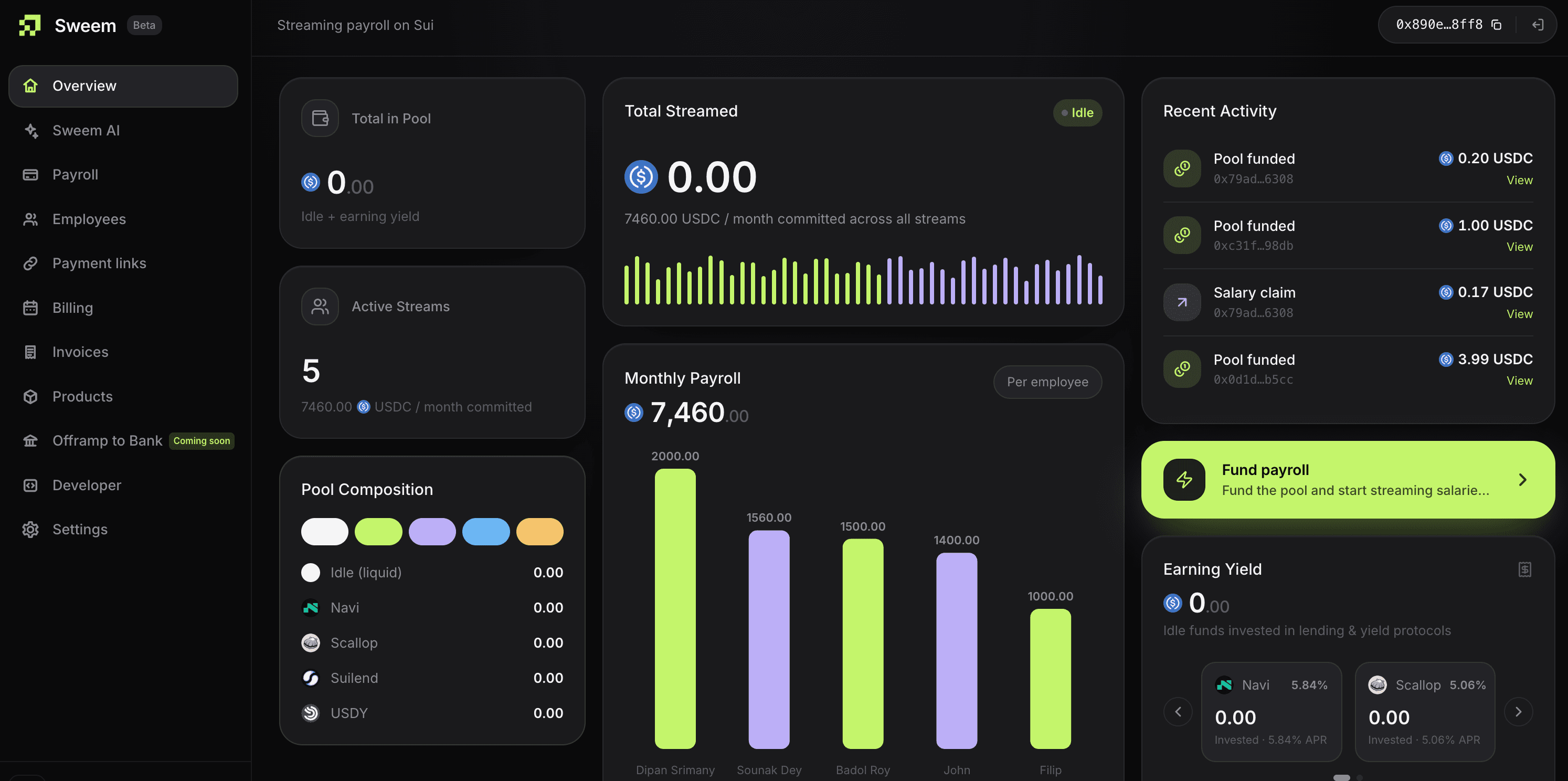 Sweem dashboard — live payroll streaming